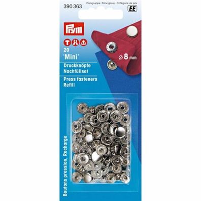 V8 Prym Nähfrei-Druckknöpfe Mini 20 Stück 8mm Nachfüllpackung 390363 silber