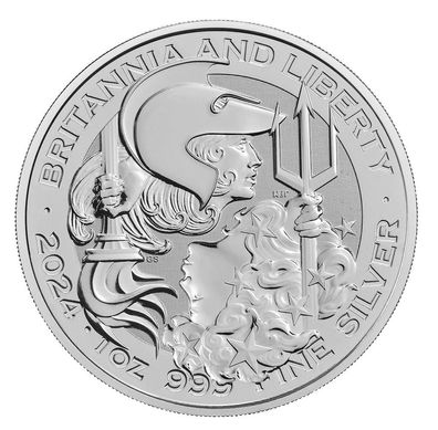 Britannia und Liberty 1oz Silbermünze 2024 - Neuware mit Motiv Charles