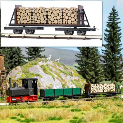 Busch H0 12247 Drehgestell-Stirnwandwagen mit Holzladung - NEU