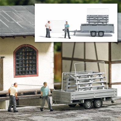 Busch H0 7905 Action Set: Fensterbauer mit Glastransportanhänger - NEU