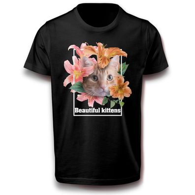 Katze mit Kanjis Blumen Tier Natur Abstrakt T-Shirt Baumwolle Haustier Hauskatze