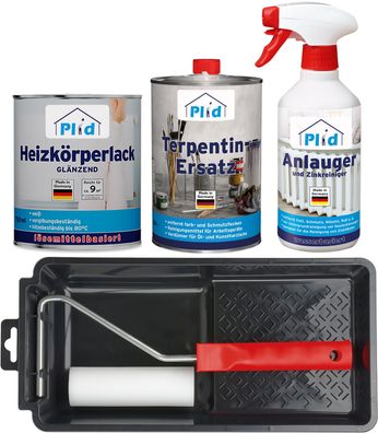 plid® Heizkörperlack Glänzend Weiß + Anlauger + Terpentin & Lackierset / Thermolack