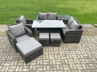 Fimous Polyrattan Gartenmöbel Set mit Einstellbare Höhe Esstisch Dunkelgrau 8-Sitzer