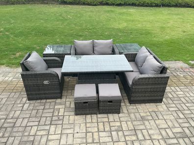 Fimous 7-Sitzer Polyrattan Gartenmöbel Set mit Esstisch Hocker