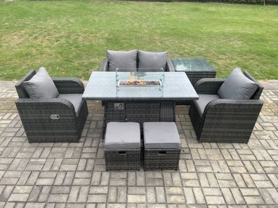 Fimous Gartengarnitur Polyrattan mit Gas Feuertisch 6-Sitzer Dunkelgrau