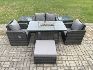 Fimous 5-Sitzer Gartengarnitur Polyrattan mit Gas Feuertisch