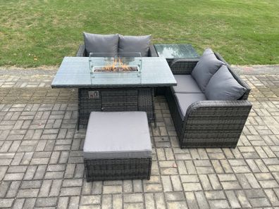 Fimous Gartengarnitur Polyrattan mit Gas Feuerstelle Dunkelgrau