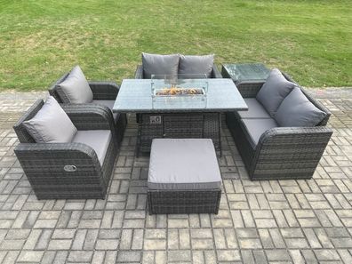 Fimous Gartengarnitur Polyrattan mit Gas Feuerstelle Dunkelgrau 7-Sitzer