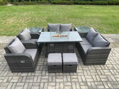 Fimous 8-Sitzer Gartensofa Garnitur mit Gas Feuerstelle Dunkelgrau