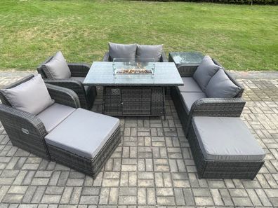 Fimous Gartensofa Garnitur mit Gas Feuerstelle Dunkelgrau 8-Sitzer