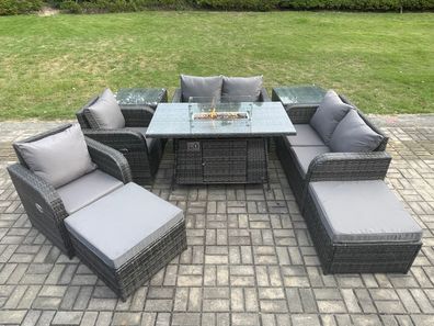 Fimous Gartensofa Set mit Gas Feuerstelle Dunkelgrau 8-Sitzer