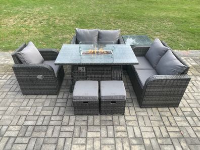 Fimous Gartensofa Set mit Gas Feuerstelle Dunkelgrau 7-Sitzer