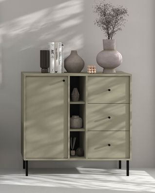 FURNIX Kommode Tonkin 824 Sideboard mit drei Schubladen und Metallbeine Grün