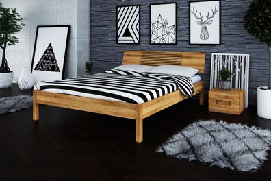 Bett Bento 6 Sonderlänge 120x190 Wildeiche massiv Holzkopfteil und Holzbeine