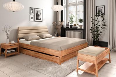 Bett Swig 2 Sonderlänge 90x190 Kernbuche massiv Polsterkopfteil Beige Holzbeine