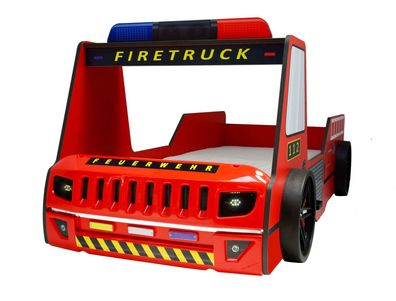 Kinder Feuerwehrbett 90x200cm rot mit LED Scheinwerfer und Lattenrost