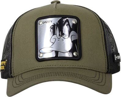 Capslab Daffy Duck Olive Trucker Cap - Looney Tunes Cartoon Kappe mit Metallplatte