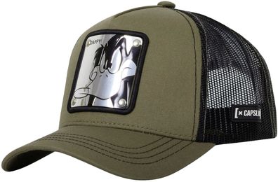 Daffy Duck Olive Trucker Cap - Capslab Looney Tunes Cartoon Kappe mit Metallplatte