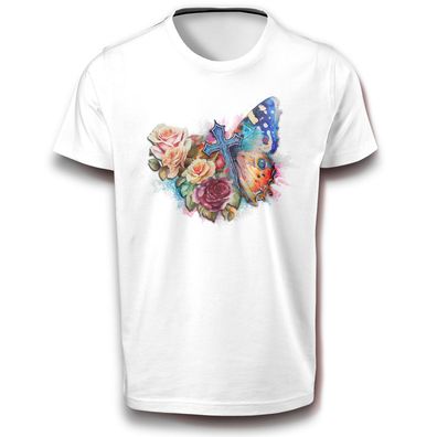 Transformation Erneuerung Kreuz mit Rosen und Schmetterling T-Shirt Baumwolle