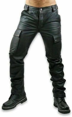 Herren Cargo Schwarz Rindsleder Motorrad Hose Biker Leder Trousers