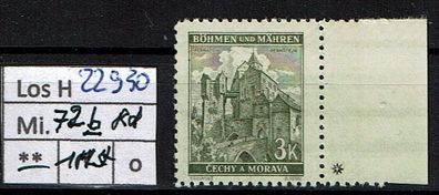 Los H22930: Böhmen & Mähren Mi. 72 b * * 1 Plattensternchen, Rand rechts