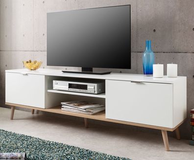 TV-Lowboard weiß Eiche massiv TV-Unterteil Lundby 160 x 51 cm Fernsehschrank