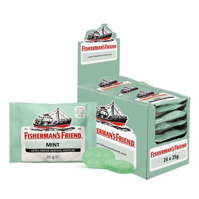 24 x 25g Fishermans Friend Mint mit Zucker Pastillen im Thekendisplay