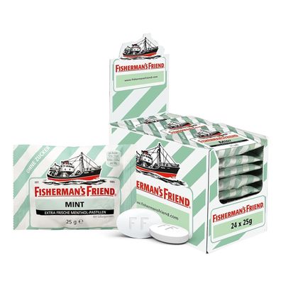 24 cx 25g Fishermans Friend Mint ohne Zucker 24 Beutel Pfefferminz Pastille