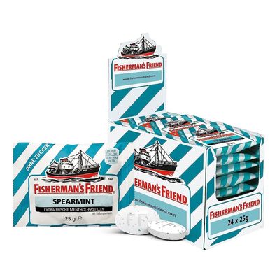 24 x 25g - Fishermans Friend Spearmint ohne Zucker 24 Beutel Minz Pastillen