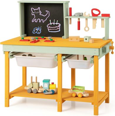 Werkzeugbank Kinder, Spielwerkbank aus Holz mit Tafel & 2 Aufbewahrungsboxen