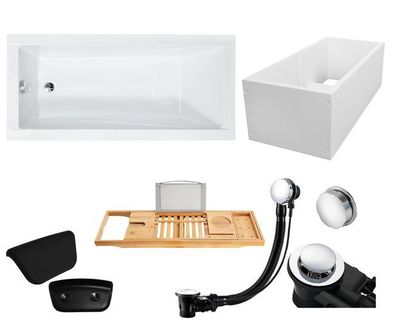 Badewanne Rechteck 140x70 + Wannenträger + Ablage + Kopfstütze | Ablauf & Füße GRATIS