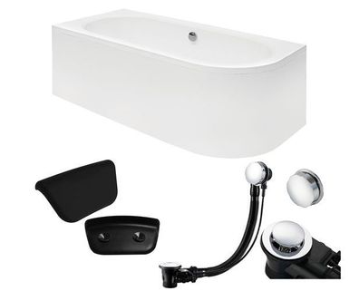 Badewanne Rechteck 180x80 AVITA Links Acrylschürze Kopfstütze Ablauf und Füße