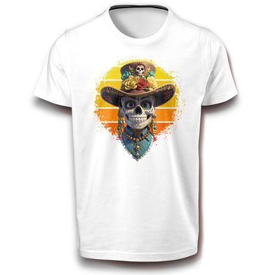 Schädel Catrina Hut Blumen T-Shirt weiß 152 - 3XL Skelett Skull Tag der Toten Fun