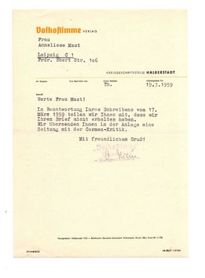 Altes DDR Brief Volksstimme Verlag Halberstadt von 1959 Dokument Schreiben Urkunde