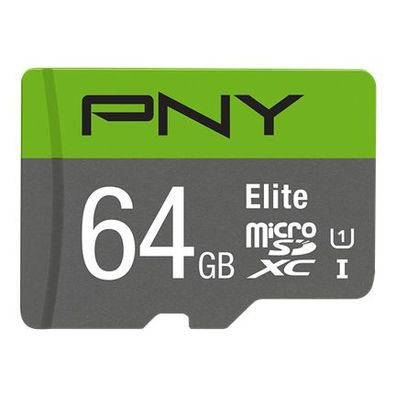 PNY Elite, 64 GB, MicroSDXC, Klasse 10, Class 1 (U1), Grün, Grau