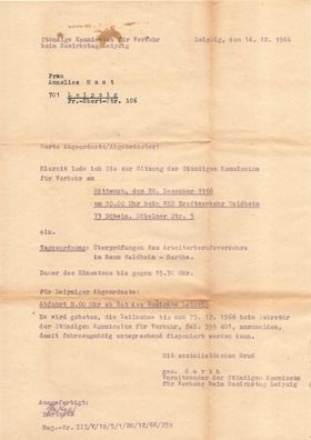 DDR Dokument Brief Kommission für Verkehr Leipzig mit Umschlag 1966 Urkunde