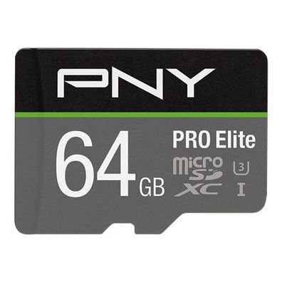 PNY PRO Elite, 64 GB, MicroSDXC, Klasse 10, UHS-I, Class 3 (U3), Schwarz, Grau