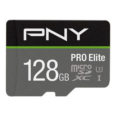 PNY PRO Elite, 128 GB, MicroSDXC, Klasse 10, UHS-I, Class 3 (U3), Schwarz, Grau