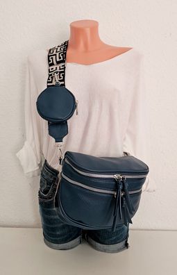 Bauchtasche Cross Body Bag Kunstleder Gurt 2 Reißverschlusstaschen vorne Blau