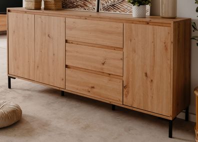 Sideboard Kommode Anrichte in Eiche Artisan schwarz 3 Türen 3 Schubladen Bastia