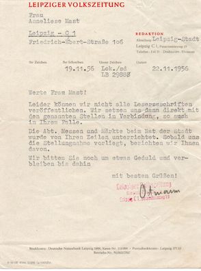 Altes DDR Brief Leipziger Volkszeitung 1956 Dokument Leipzig Urkunde Schreiben