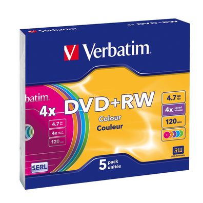 Verbatim DVD + RW Colours, DVD + RW, 120 mm, Slimcase, 5 Stück(e), 4,7 GB