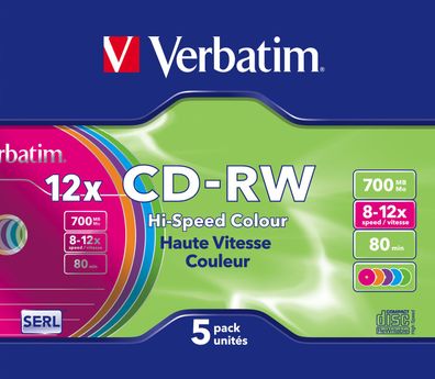 Verbatim CD-RW Colour 12x, 12x, CD-RW, 120 mm, 700 MB, Slimcase, 5 Stück(e)