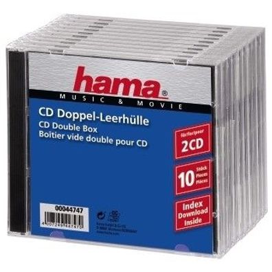 Hama CD Double Jewel Case Standard, Pack 10, 2 Disks, Transparent