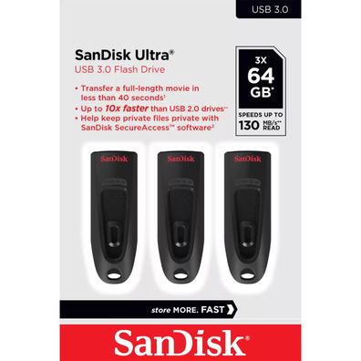 SanDisk Ultra, 64 GB, USB Typ-A, 3.2 Gen 1 (3.1 Gen 1), 130 MB/ s, Dia, Schwarz