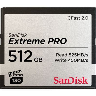 SanDisk Extreme Pro, 512 GB, CFast 2.0, 525 MB/ s, 450 MB/ s, Schwarz, Grau