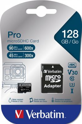 Verbatim Pro, 128 GB, MicroSDXC, Klasse 10, UHS-I, 90 MB/ s, 45 MB/ s