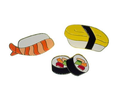 3x Sushi Set Broschen Miniblings Japanische Spezialität Fisch Maki Metall