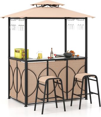 Gartenbar Set, Bartisch mit 2 Barhocker, Metallregalen & Glashalter, Grillpavillon