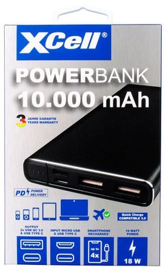 XCell Li-Poly Powerbank 10.000mAh USB Type C + 2x QC3.0